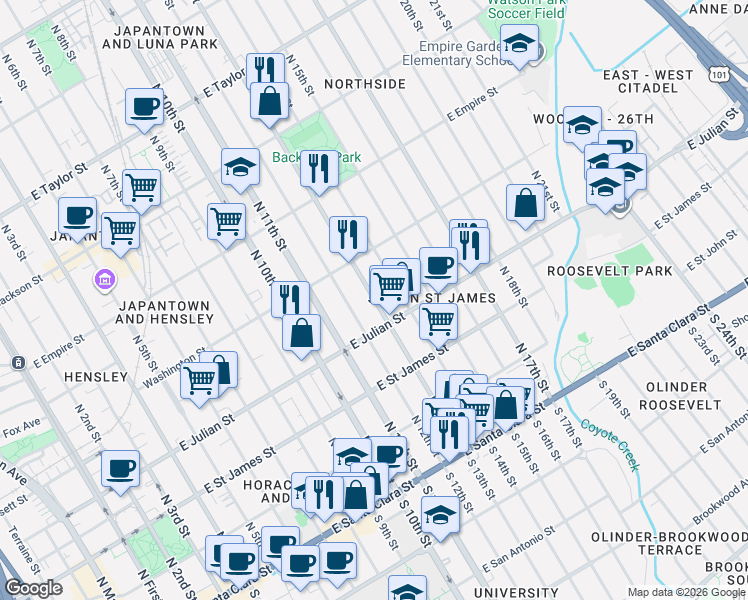 map of restaurants, bars, coffee shops, grocery stores, and more near 339 N 13th St in San Jose