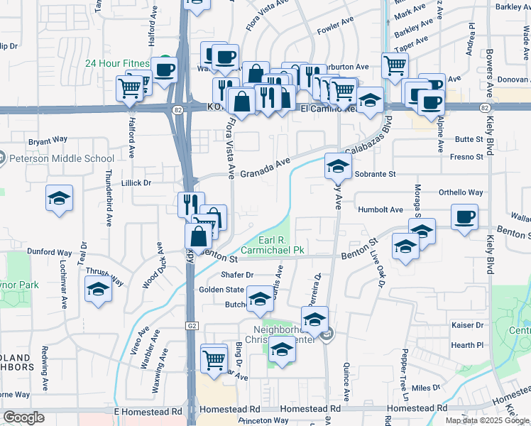 map of restaurants, bars, coffee shops, grocery stores, and more near 3770 Flora Vista Avenue in Santa Clara