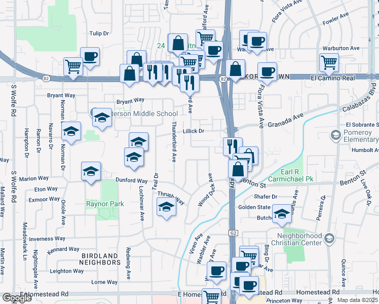 map of restaurants, bars, coffee shops, grocery stores, and more near 3779 Swallow Way in Santa Clara