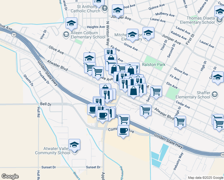 map of restaurants, bars, coffee shops, grocery stores, and more near 1565 Atwater Boulevard in Atwater