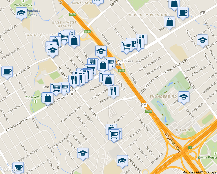 map of restaurants, bars, coffee shops, grocery stores, and more near 101 South 28th Street in San Jose