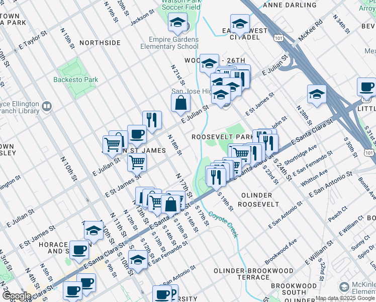 map of restaurants, bars, coffee shops, grocery stores, and more near in San Jose