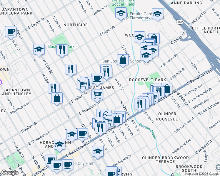 map of restaurants, bars, coffee shops, grocery stores, and more near in San Jose