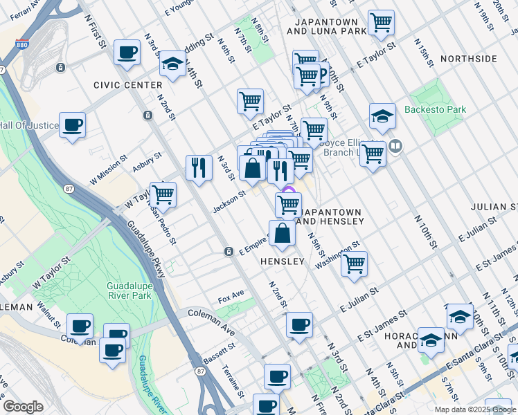 map of restaurants, bars, coffee shops, grocery stores, and more near 551 North 3rd Street in San Jose