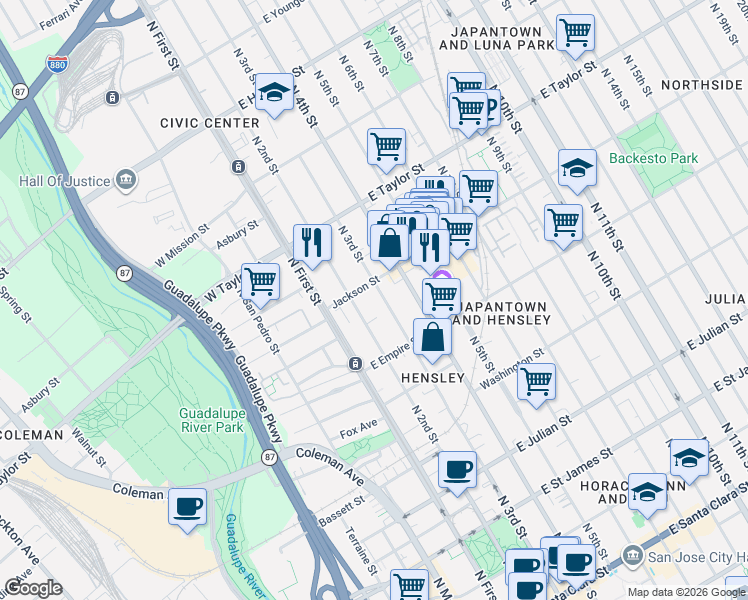 map of restaurants, bars, coffee shops, grocery stores, and more near 551 North 3rd Street in San Jose