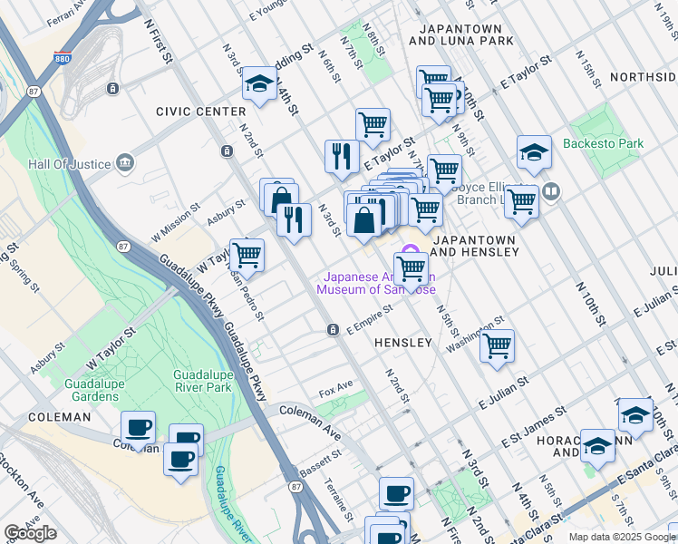 map of restaurants, bars, coffee shops, grocery stores, and more near 587 North 2nd Street in San Jose