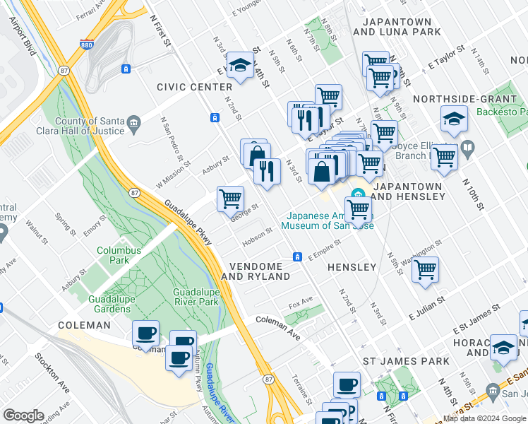 map of restaurants, bars, coffee shops, grocery stores, and more near 619 North 1st Street in San Jose