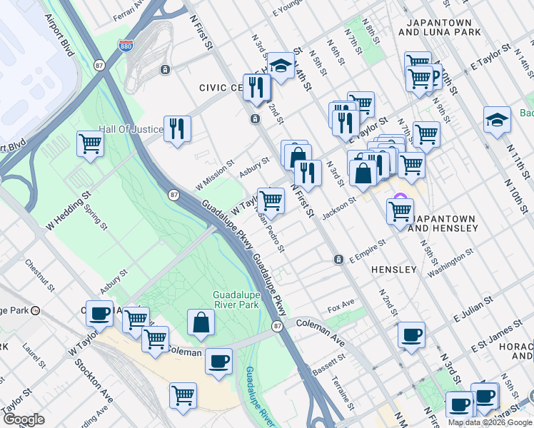 map of restaurants, bars, coffee shops, grocery stores, and more near 663 North San Pedro Street in San Jose