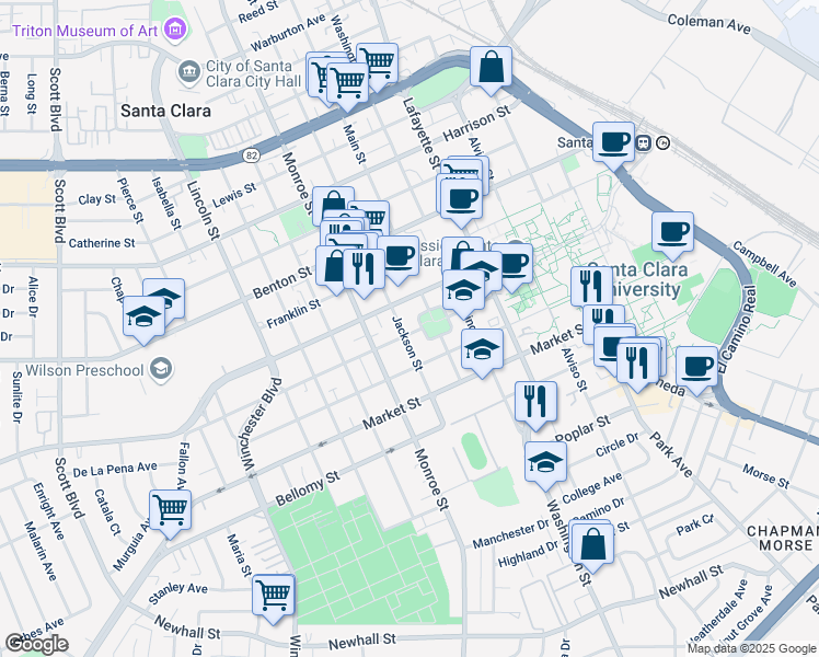 map of restaurants, bars, coffee shops, grocery stores, and more near 1174 Lexington Street in Santa Clara