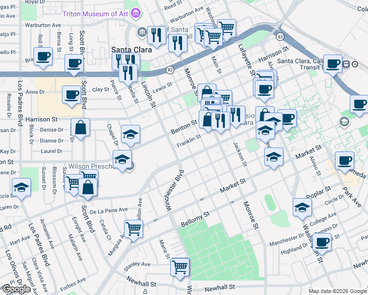 map of restaurants, bars, coffee shops, grocery stores, and more near 935 Jefferson Street in Santa Clara