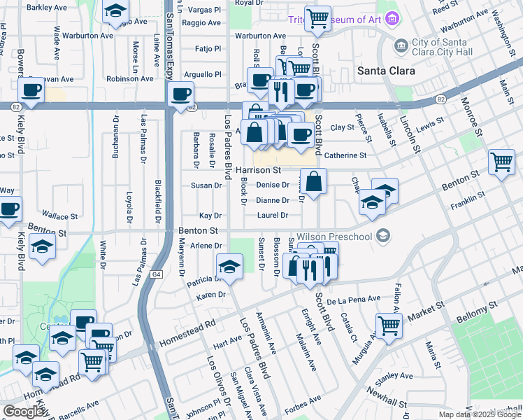 map of restaurants, bars, coffee shops, grocery stores, and more near 2268 Laurel Drive in Santa Clara