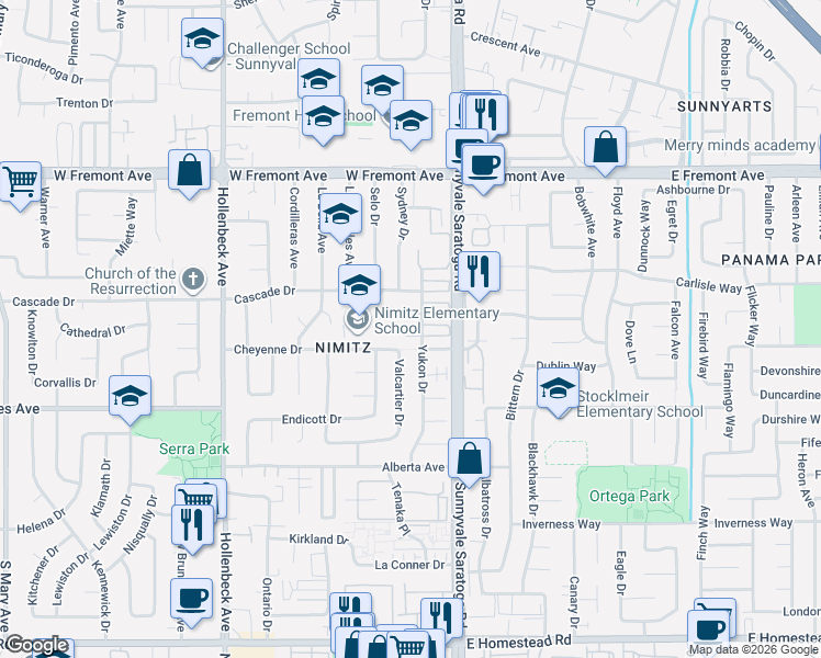 map of restaurants, bars, coffee shops, grocery stores, and more near 528 Castlerock Court in Sunnyvale