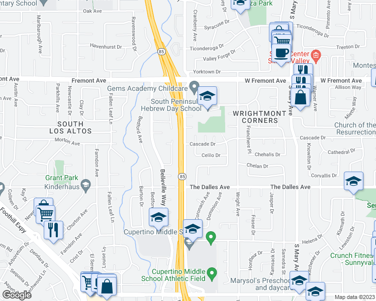 map of restaurants, bars, coffee shops, grocery stores, and more near 1418 South Bernardo Avenue in Sunnyvale