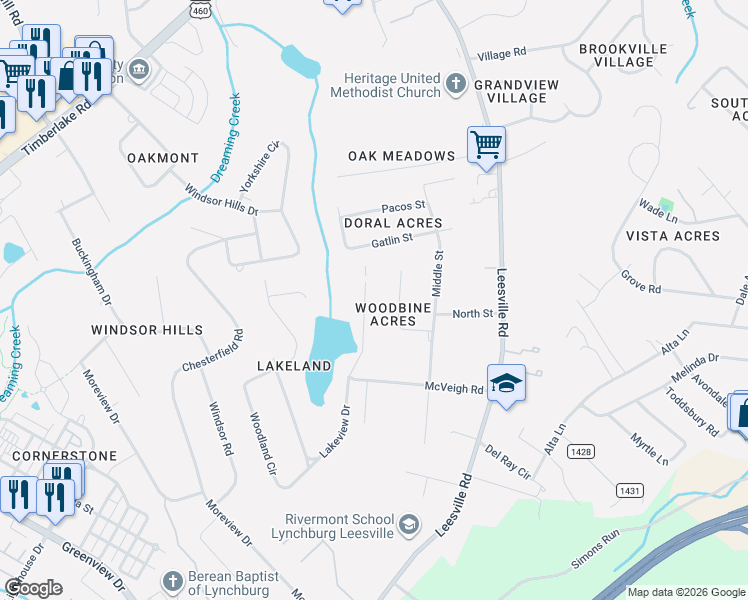 map of restaurants, bars, coffee shops, grocery stores, and more near 1006 Lakeview Drive in Lynchburg