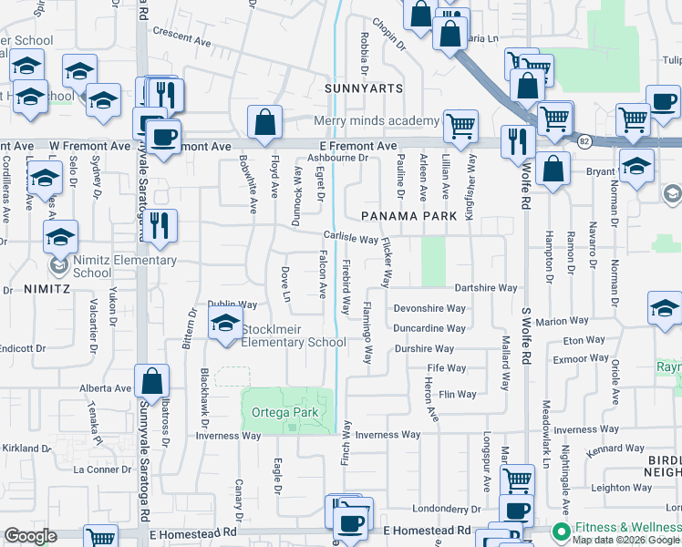 map of restaurants, bars, coffee shops, grocery stores, and more near 1441 Firebird Way in Sunnyvale