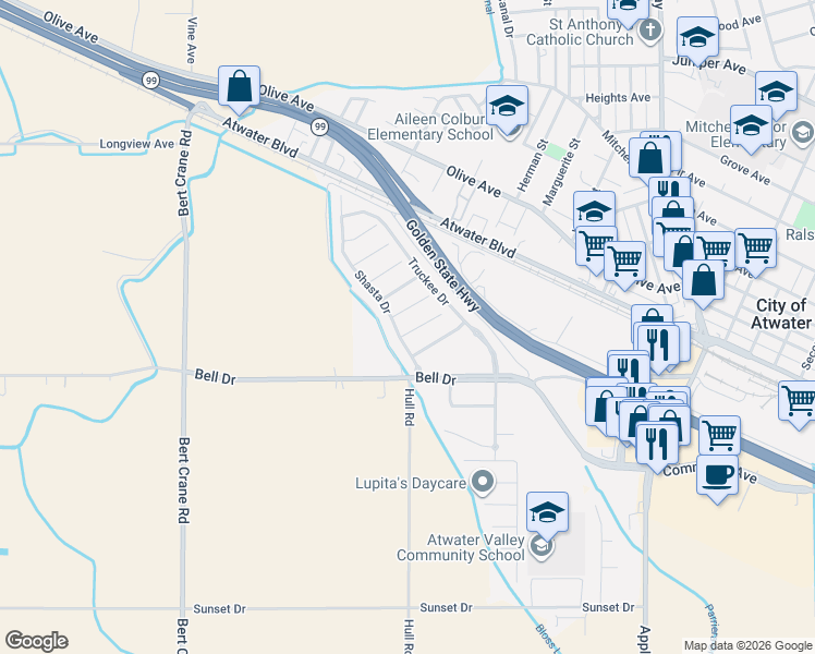 map of restaurants, bars, coffee shops, grocery stores, and more near 2133 Ukiah Court in Atwater