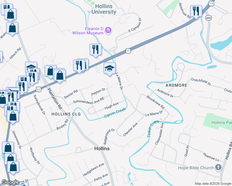 map of restaurants, bars, coffee shops, grocery stores, and more near 7221 Estes Street in Hollins