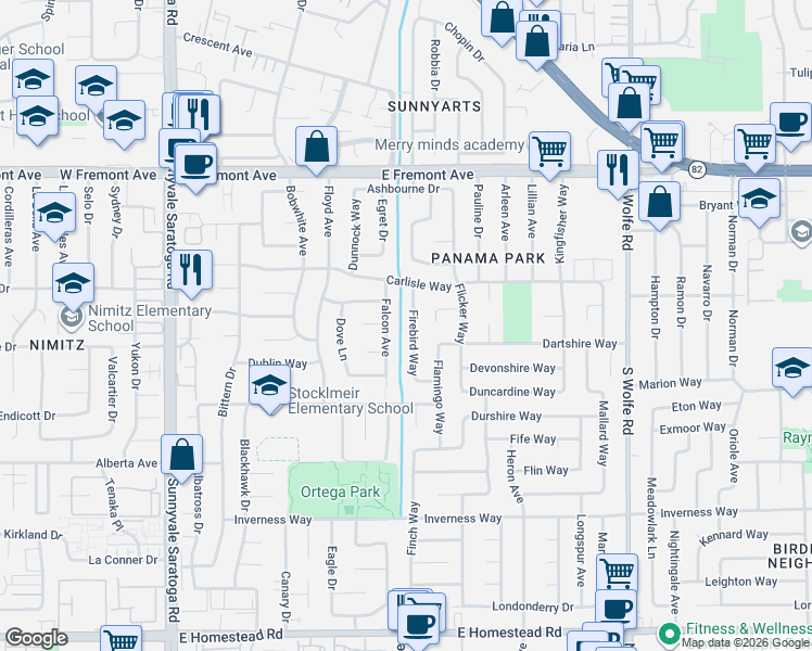 map of restaurants, bars, coffee shops, grocery stores, and more near 1441 Firebird Way in Sunnyvale
