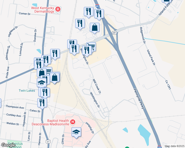 map of restaurants, bars, coffee shops, grocery stores, and more near 1200 Whittington Drive in Madisonville