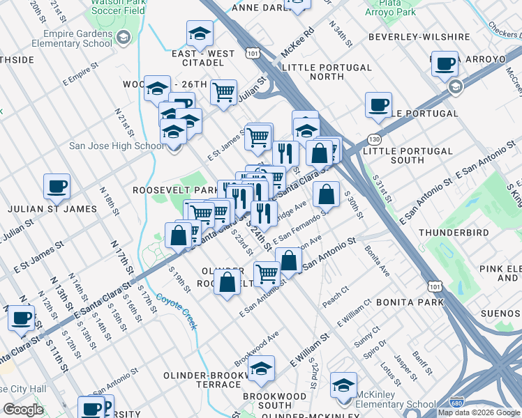 map of restaurants, bars, coffee shops, grocery stores, and more near 1202 East Santa Clara Street in San Jose
