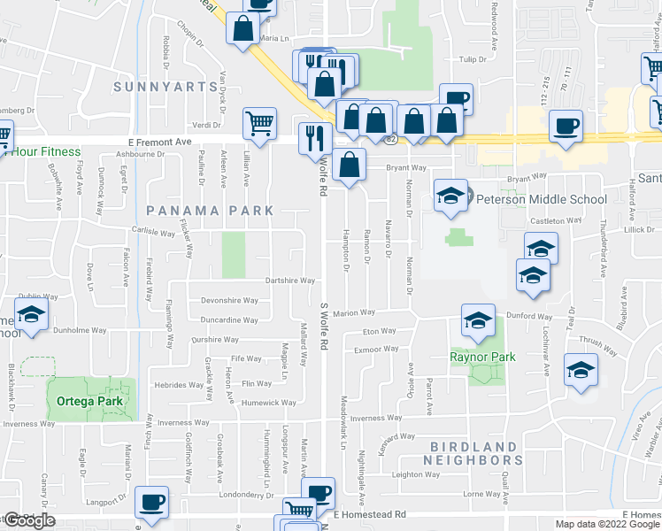 map of restaurants, bars, coffee shops, grocery stores, and more near 883 Dartshire Way in Sunnyvale