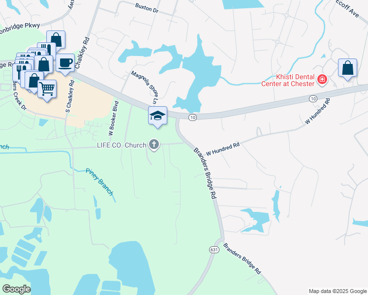 map of restaurants, bars, coffee shops, grocery stores, and more near 12504 Branders Bridge Road in Chester