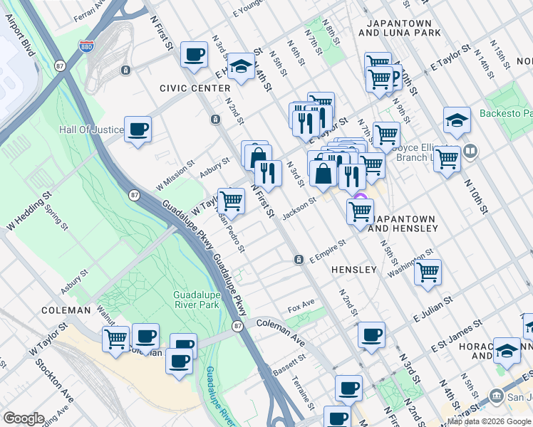 map of restaurants, bars, coffee shops, grocery stores, and more near 629 North 1st Street in San Jose