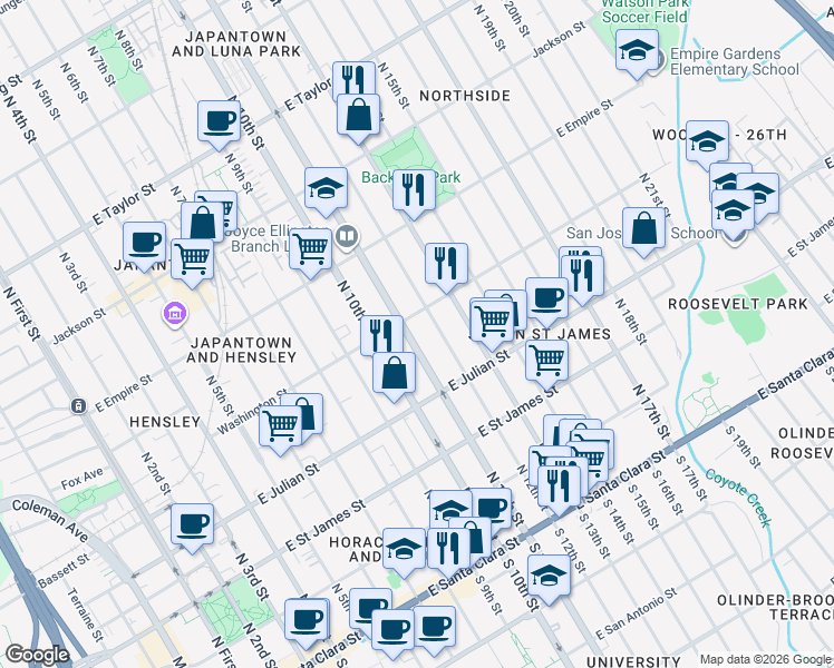 map of restaurants, bars, coffee shops, grocery stores, and more near 380 North 11th Street in San Jose