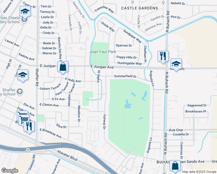 map of restaurants, bars, coffee shops, grocery stores, and more near 1620 Fairway Drive in Atwater