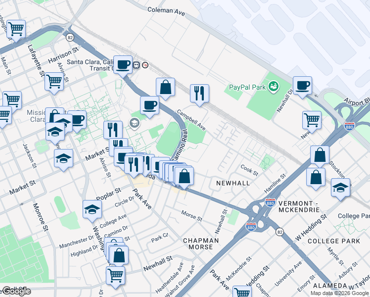 map of restaurants, bars, coffee shops, grocery stores, and more near 431 El Camino Real in Santa Clara
