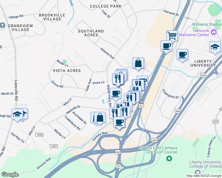 map of restaurants, bars, coffee shops, grocery stores, and more near 1200 Wards Ferry Road in Lynchburg