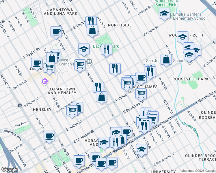 map of restaurants, bars, coffee shops, grocery stores, and more near 380 North 11th Street in San Jose