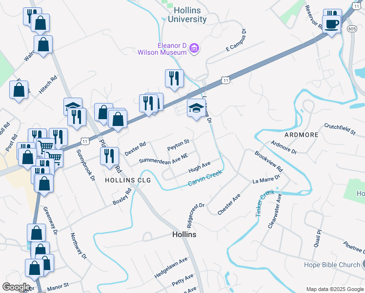 map of restaurants, bars, coffee shops, grocery stores, and more near 851 Peyton Street in Hollins