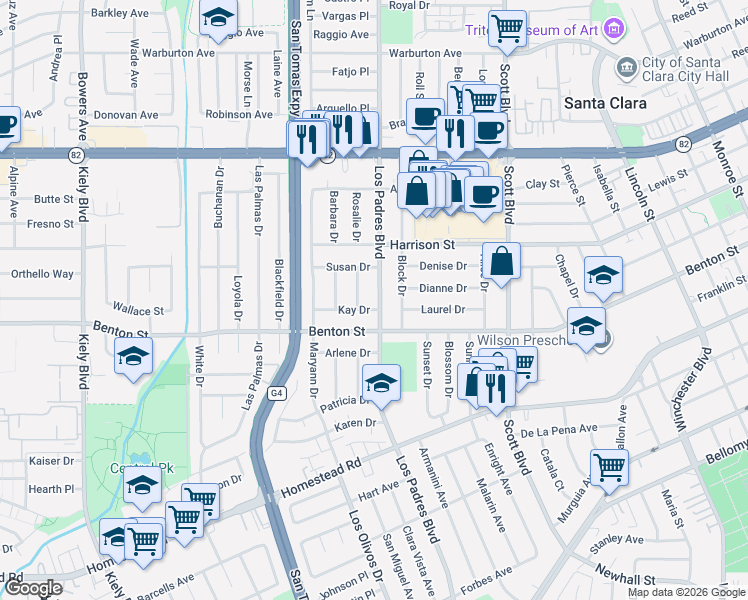 map of restaurants, bars, coffee shops, grocery stores, and more near 1140 Los Padres Boulevard in Santa Clara