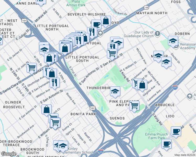 map of restaurants, bars, coffee shops, grocery stores, and more near 248 South 33rd Street in San Jose