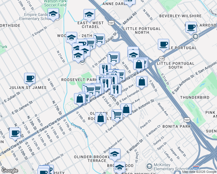 map of restaurants, bars, coffee shops, grocery stores, and more near 1156 East Santa Clara Street in San Jose
