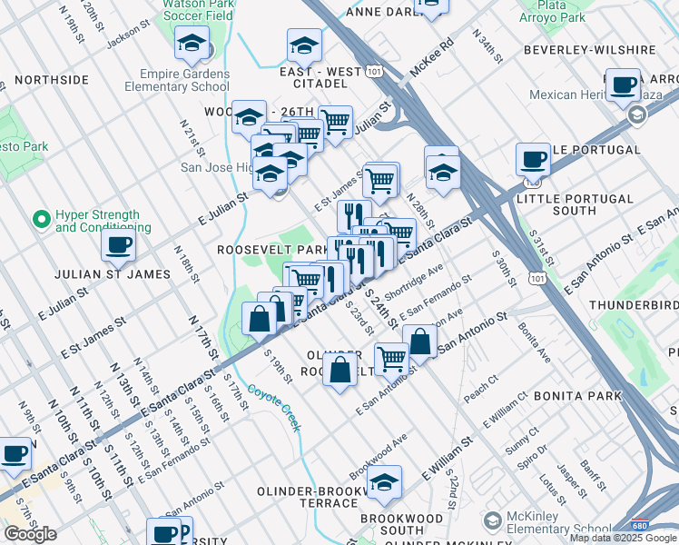 map of restaurants, bars, coffee shops, grocery stores, and more near 1115 East Santa Clara Street in San Jose