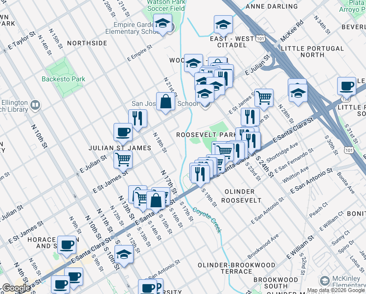 map of restaurants, bars, coffee shops, grocery stores, and more near 170 North 19th Street in San Jose