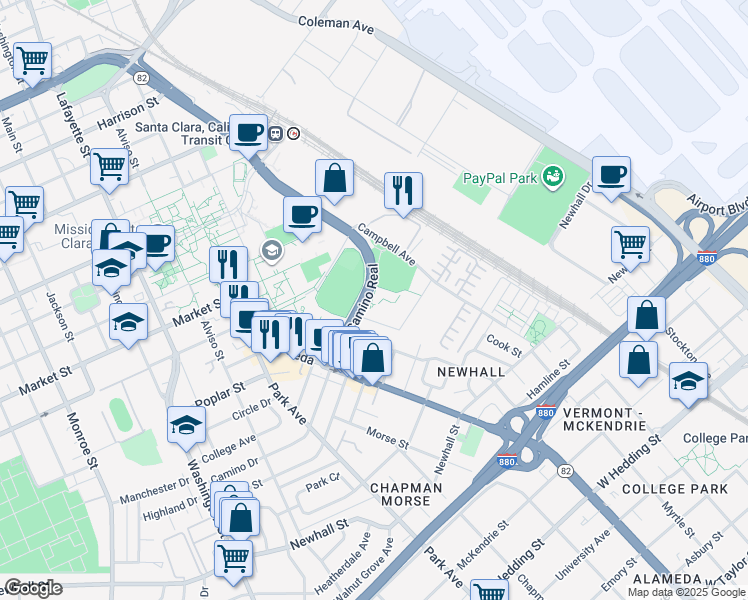 map of restaurants, bars, coffee shops, grocery stores, and more near 431 El Camino Real in Santa Clara