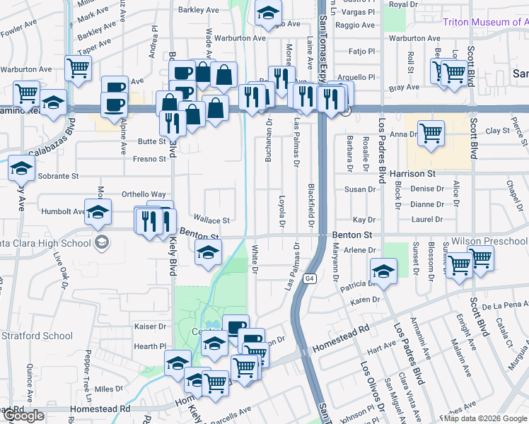 map of restaurants, bars, coffee shops, grocery stores, and more near 1138 White Drive in Santa Clara