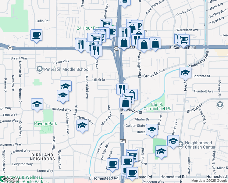 map of restaurants, bars, coffee shops, grocery stores, and more near 3665 Benton Street in Santa Clara