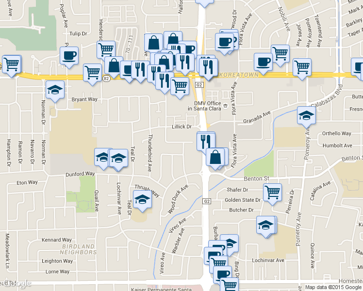 map of restaurants, bars, coffee shops, grocery stores, and more near 3701 Swallow Way in Santa Clara
