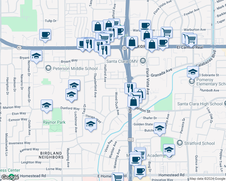 map of restaurants, bars, coffee shops, grocery stores, and more near 3701 Swallow Way in Santa Clara
