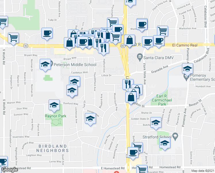 map of restaurants, bars, coffee shops, grocery stores, and more near 3779 Swallow Way in Santa Clara