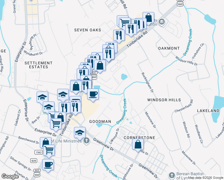map of restaurants, bars, coffee shops, grocery stores, and more near 8108 Timberlake Road in Lynchburg