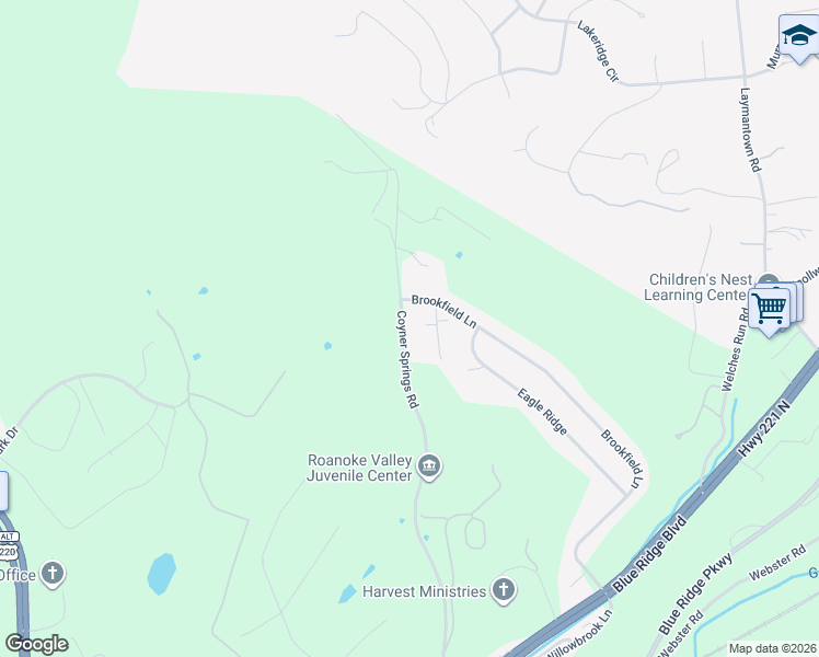 map of restaurants, bars, coffee shops, grocery stores, and more near 76 Fieldcrest Ln in Roanoke