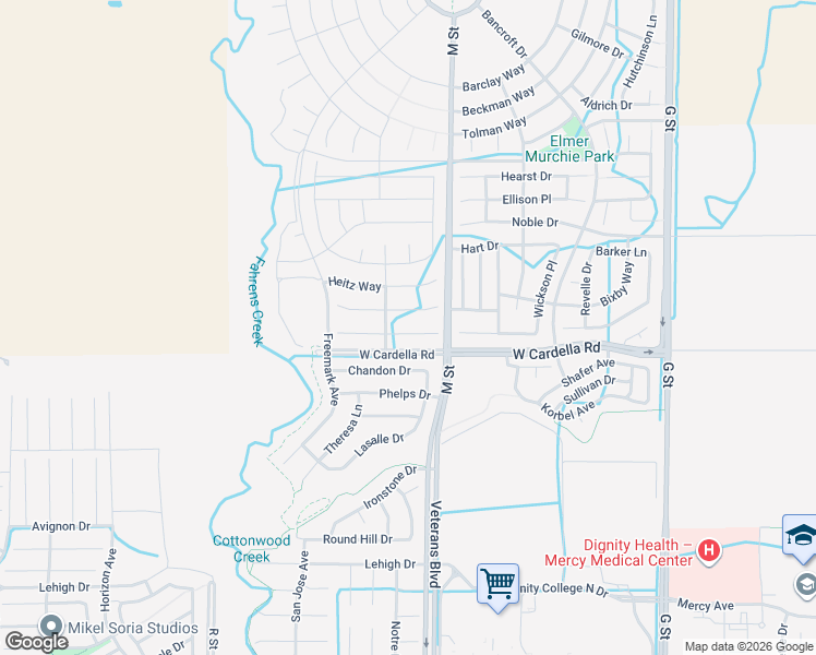 map of restaurants, bars, coffee shops, grocery stores, and more near 655 Coppola Court in Merced
