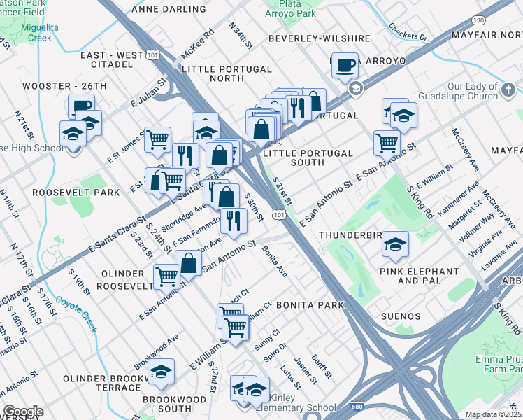 map of restaurants, bars, coffee shops, grocery stores, and more near 1453 Whitton Avenue in San Jose