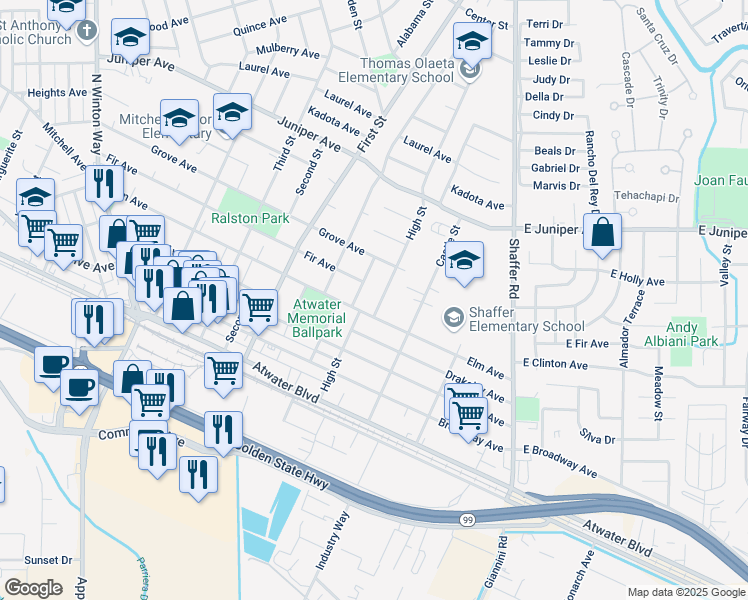 map of restaurants, bars, coffee shops, grocery stores, and more near 1445 High Street in Atwater