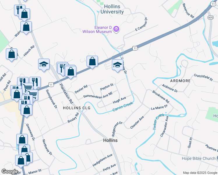 map of restaurants, bars, coffee shops, grocery stores, and more near 851 Peyton Street in Hollins
